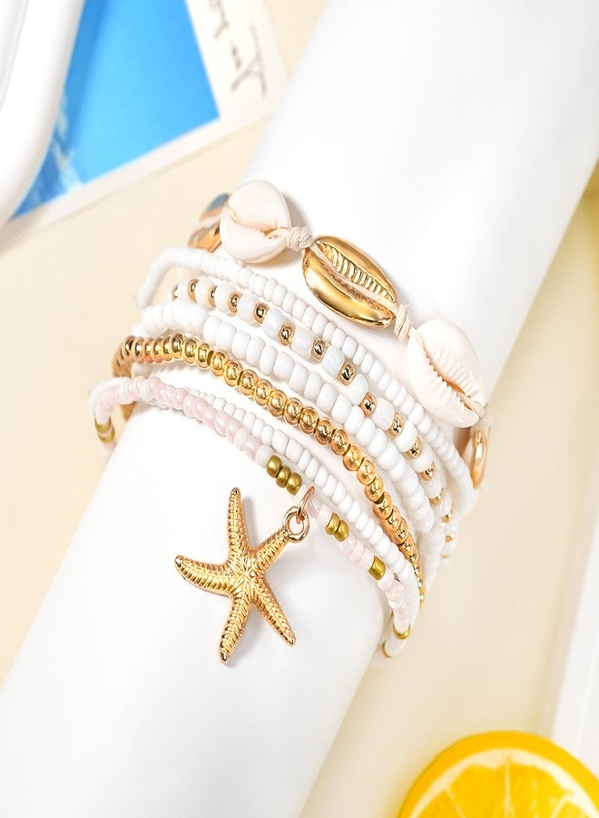 mintolex 7 Pack Boho Beaded Shell Anklet Bracelets for Women Colorful Stretch Cowrie Seashell Starfish Ankle Bracelet Stack Adjustable Summer Beach Accessories Cute Hawaiian Jewelry, White - Image 5
